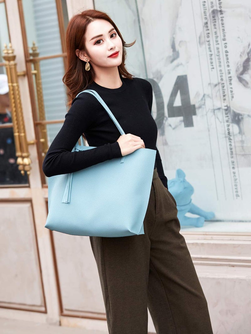 Dreubea Women's Soft Faux Leather Tote Shoulder Bag from, Big Capacity Tassel Handbag Light Blue - Image 5